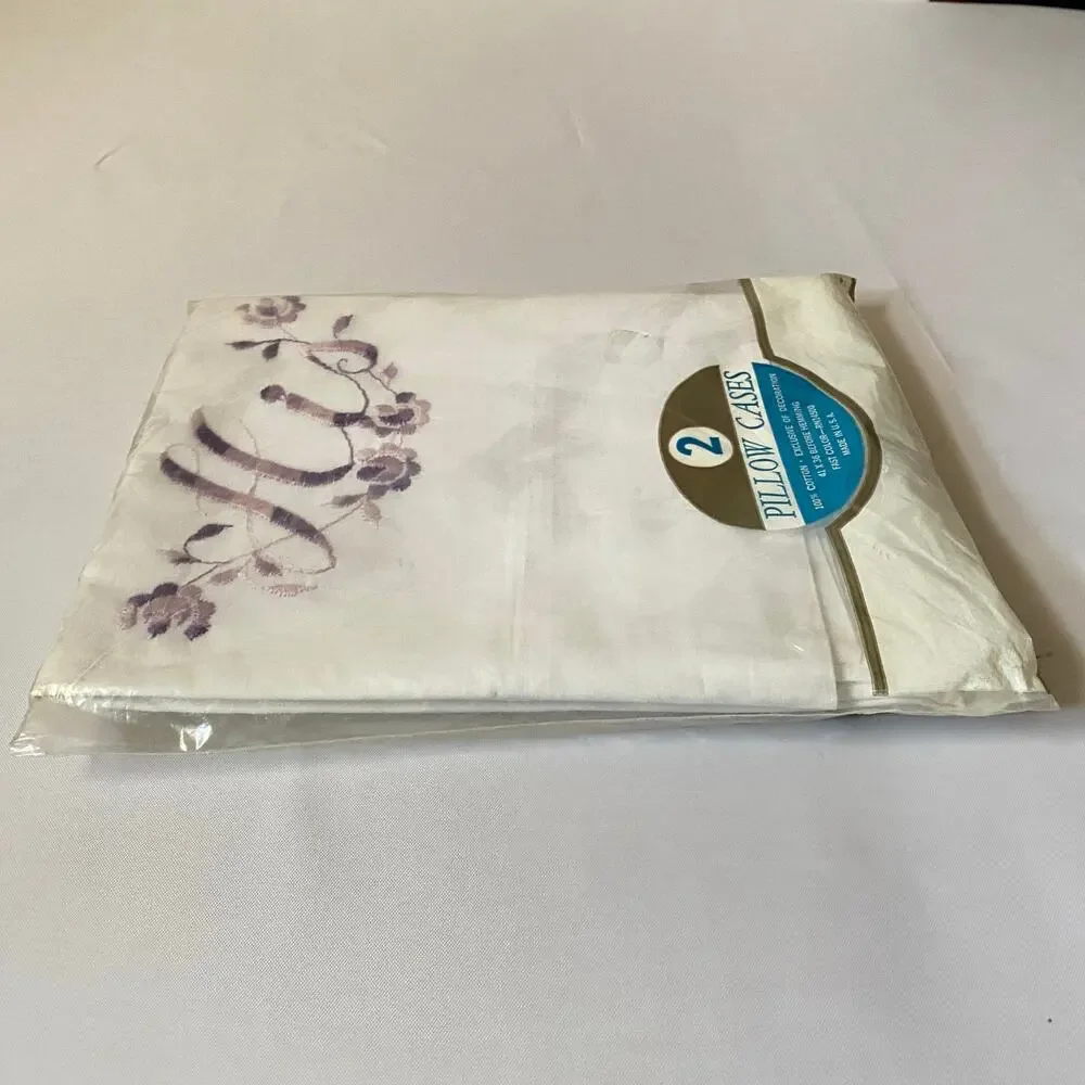 Vtg His Hers Pillowcases Set 2 Purple Floral Embroidery Cotton NIP Cottagecore